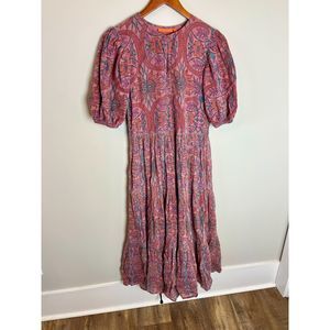 Oliphant Maxi Tiered Ruffle Dress Puffy Sleeves Pink With Pockets Women's XS